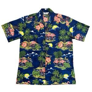 Alvish Hawaiian Flamingo Aloha Shirt Blue Tropical Print Vacation Summer - M